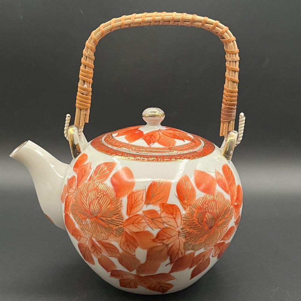 Fujita Kutani Japan Vintage Teapot Wicker Handle Orange‎ Gold